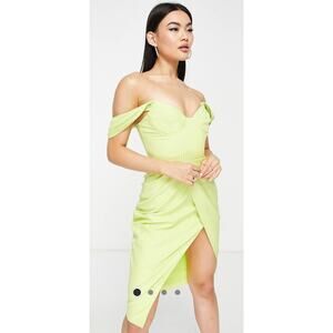 Lavish Alice New Pleated Bardot Midi Dress Bodycon Lime Green Size 4 Party Retro